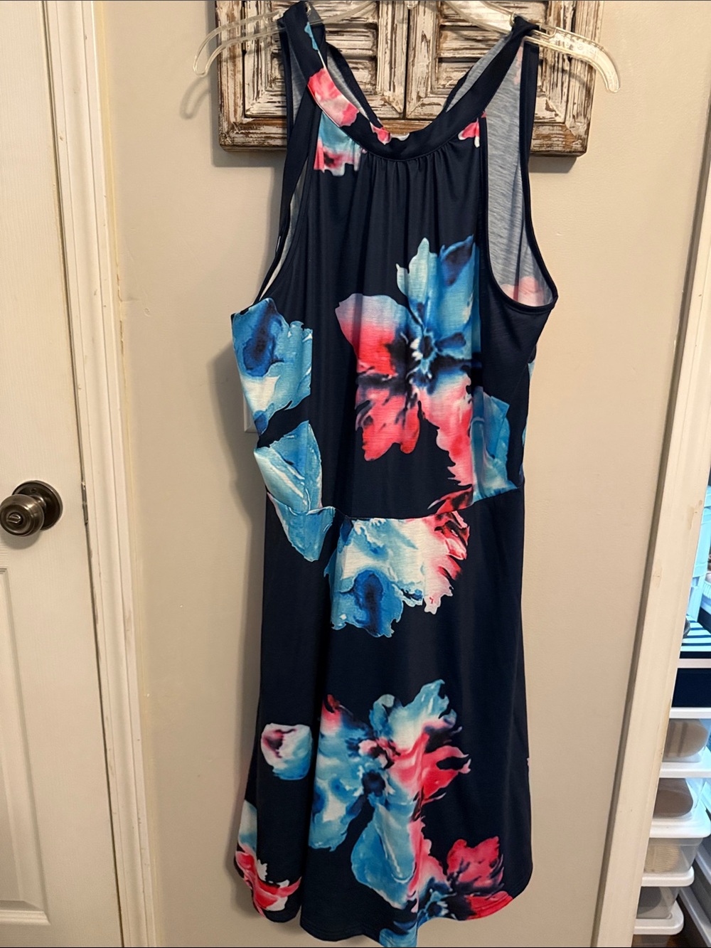 Sleeveless Navy Floral Halter Dress with Pink & Blue Blooms